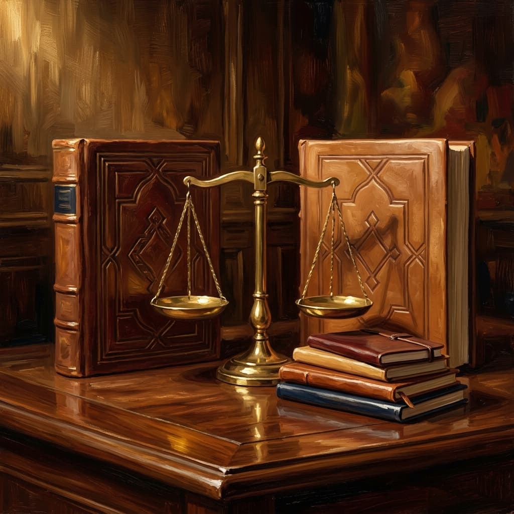 Painterly still-life of two leather-bound business volumes on a polished walnut wooden surface catching dramatic warm light, both with abstract embossed decorative geometric covers, a brass balance scale resting between them, a stack of three small leather-bound notebooks tabbed with abstract decorative tabs suggesting management and behavioral subdomains, a brass desk lamp glowing