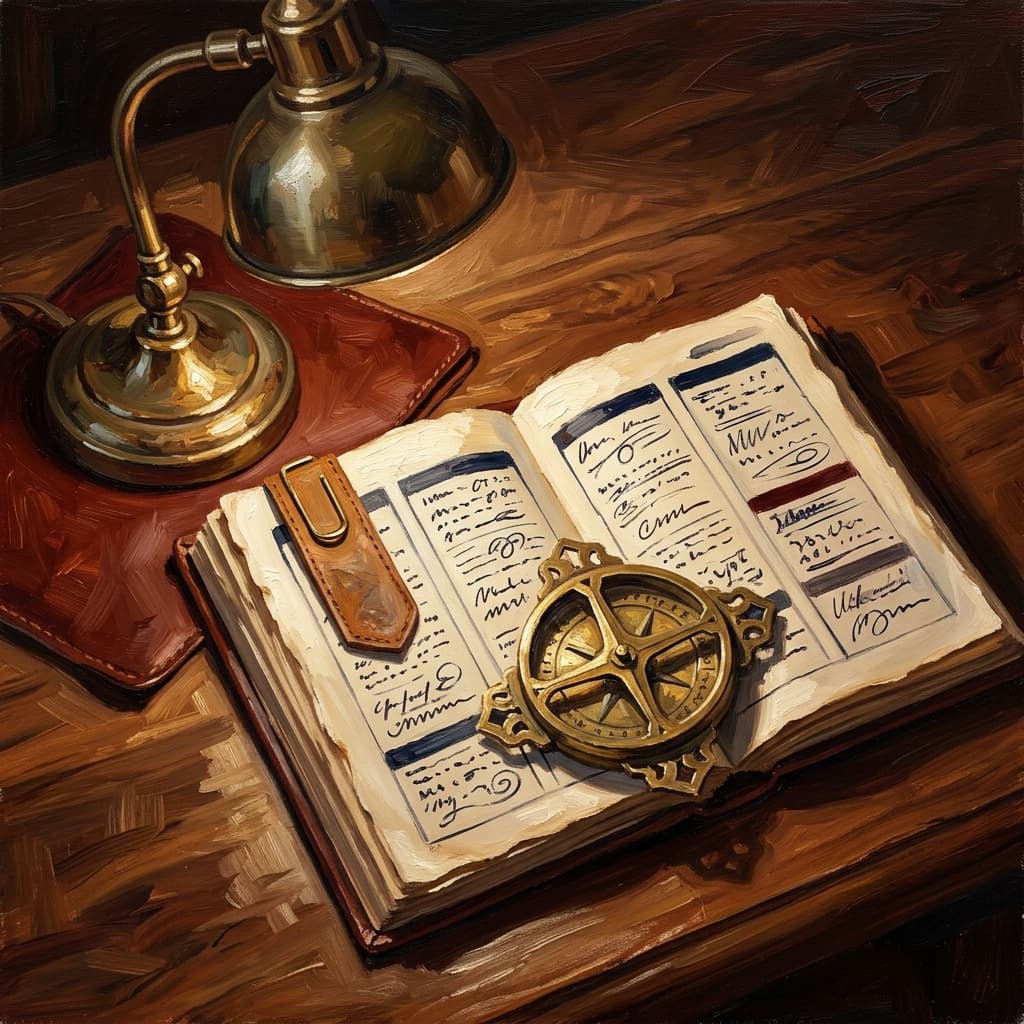 Painterly still-life of an open weekly planner showing four columns of abstract handwritten daily blocks catching dramatic warm light, a brass four-quadrant compass dial labeled with abstract decorative tabs for Product, Price, Place, Promotion, a tarnished bronze inkwell, a brass desk lamp glowing, a ceramic coffee mug, on a polished walnut wooden surface