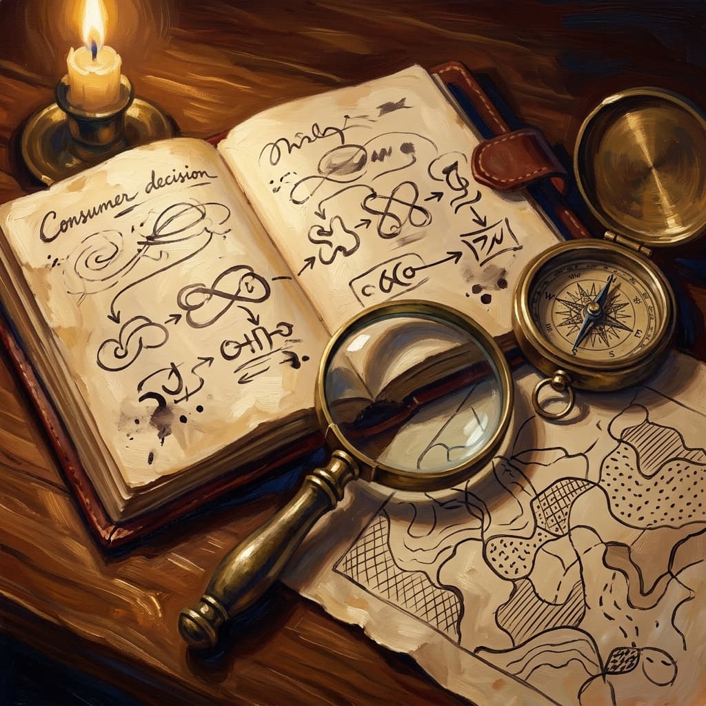 Painterly still-life of an open leather-bound marketing-research notebook with abstract handwritten consumer-decision-process flow notes catching dramatic warm light, a brass magnifying glass over a parchment with abstract segmentation-map drawings, a tarnished bronze pocket compass suggesting positioning, a stack of three smaller leather-bound notebooks tabbed by abstract decorative tabs suggesting B2C, B2B, and STP, on a polished walnut wooden surface