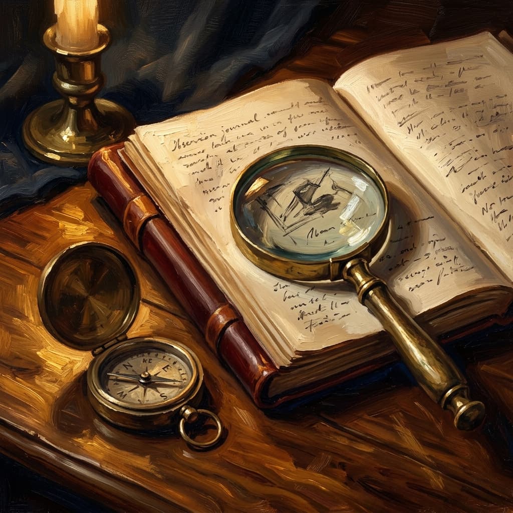 Painterly still-life of an open leather-bound observation journal showing abstract handwritten daily-campaign reverse-engineering notes catching dramatic warm light, a brass magnifying glass over an abstract pricing tag and store-layout sketch, a tarnished bronze pocket compass, a stack of three smaller leather-bound notebooks tabbed by abstract decorative tabs suggesting Product, Price, Place, Promotion, on a polished walnut wooden surface