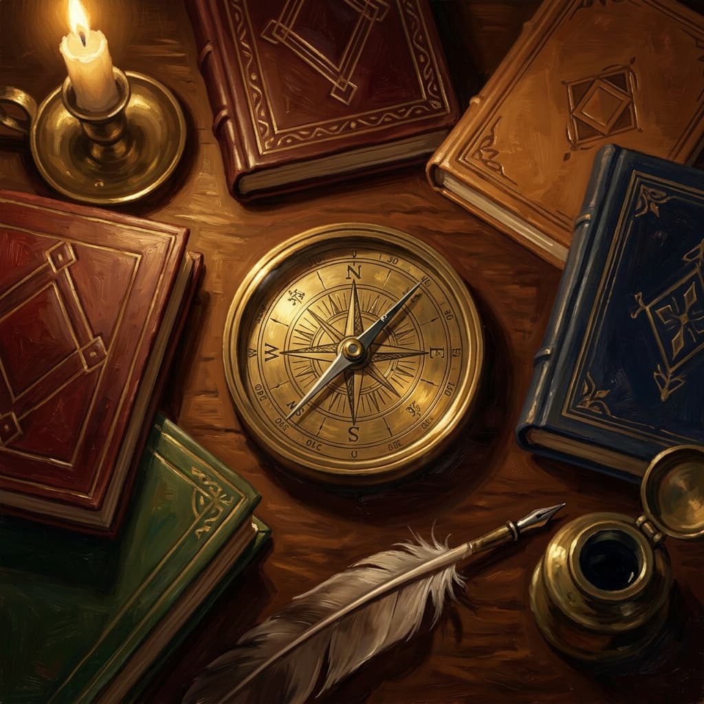 Painterly still-life of a brass four-quadrant compass dial on a polished walnut wooden surface catching dramatic warm light with four leather-bound notebooks arranged around it labeled by abstract decorative geometric covers, a feather quill resting on one notebook, a tarnished bronze inkwell, a stack of three smaller leather-bound reference volumes, a brass desk lamp glowing