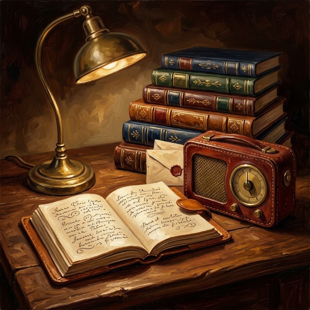 Painterly still-life of an open leather-bound notebook with abstract handwritten resource notes catching dramatic warm light, a vintage leather-cased portable radio, a stack of five leather-bound marketing-reference volumes with abstract decorative spines suggesting OpenStax plus HBR plus Khan Academy, a brass desk lamp glowing, a ceramic coffee mug, on a polished walnut wooden surface