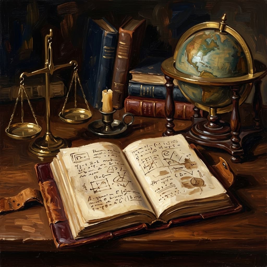 Painterly still-life of an open leather-bound strategy notebook with abstract handwritten PESTLE and Ansoff matrix annotations catching dramatic warm light, a brass globe on a small wooden stand suggesting global marketing scope, a tarnished bronze magnifying glass over an abstract two-by-two strategy matrix, a brass balance scale tipped slightly to suggest ethics weighing, a stack of two smaller leather-bound notebooks, on a polished walnut wooden surface
