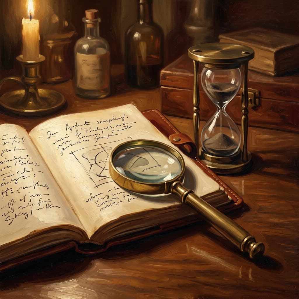 Painterly still-life of an open leather-bound research methods notebook with abstract handwritten sampling-method notes catching dramatic warm light, a brass magnifying glass over an abstract sample-frame diagram, a tarnished bronze hourglass, a stack of three smaller leather-bound notebooks tabbed by abstract decorative tabs suggesting qualitative, quantitative, and mixed methods, on a polished walnut wooden surface