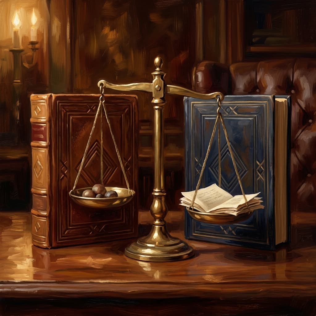 Painterly still-life of two leather-bound business volumes side by side on a polished walnut wooden surface catching dramatic warm light, both with abstract embossed decorative geometric covers, a brass balance scale resting between them, the smaller volume marked with an abstract four-quadrant motif suggesting the four Ps, the larger volume marked with abstract grid-of-functions motif suggesting broad business survey, a brass desk lamp glowing