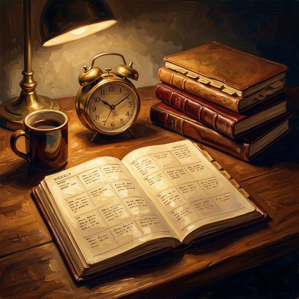 Painterly still-life of an open weekly planner showing five columns of abstract handwritten daily study blocks catching dramatic warm light, a stack of five discipline-tabbed leather-bound notebooks beside it (history, theorists, economics, government, geography), a brass desk lamp glowing warmly, a ceramic coffee mug, on a polished walnut wooden surface