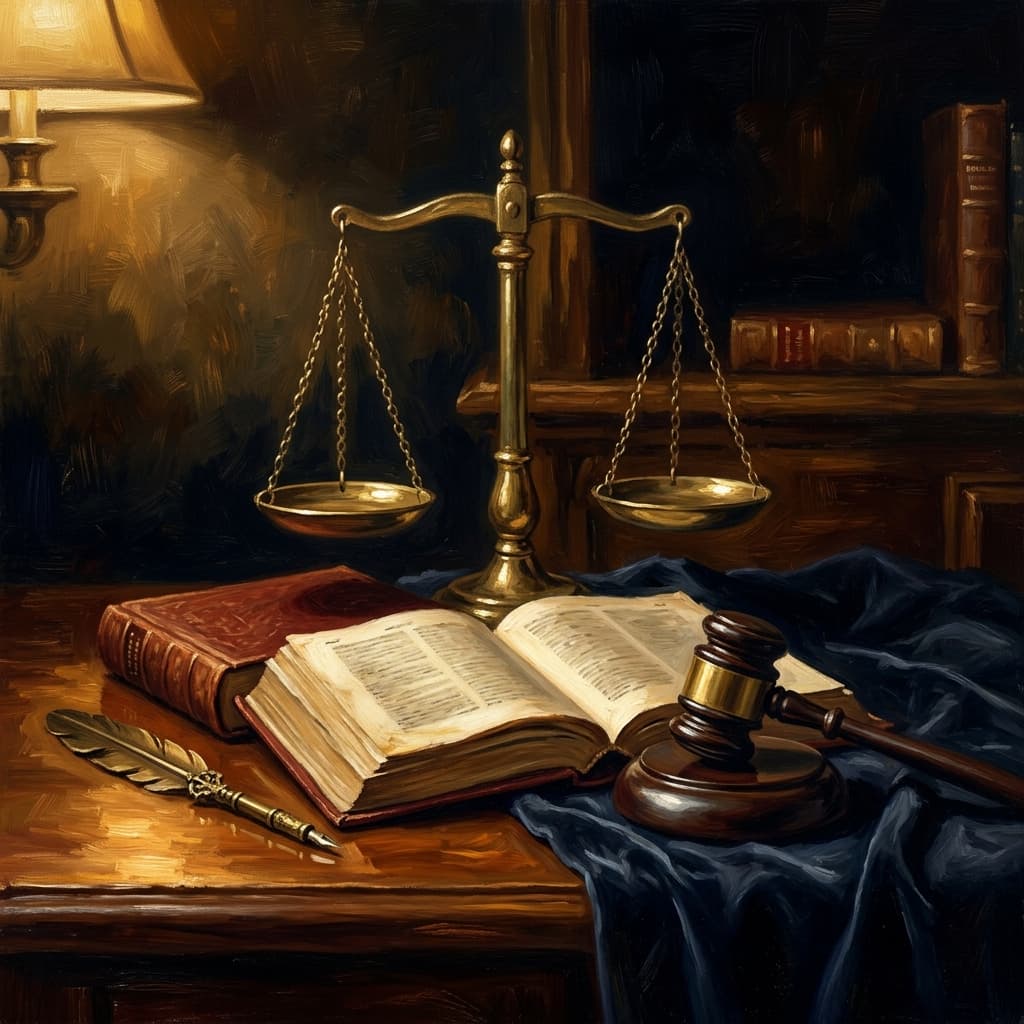 Painterly still-life of a brass balance scale resting beside a leather-bound legal codex open to abstract printed pages catching dramatic warm light, a stack of three small leather-bound volumes with abstract embossed geometric covers, a brass quill, a tarnished bronze gavel, on a polished walnut wooden surface