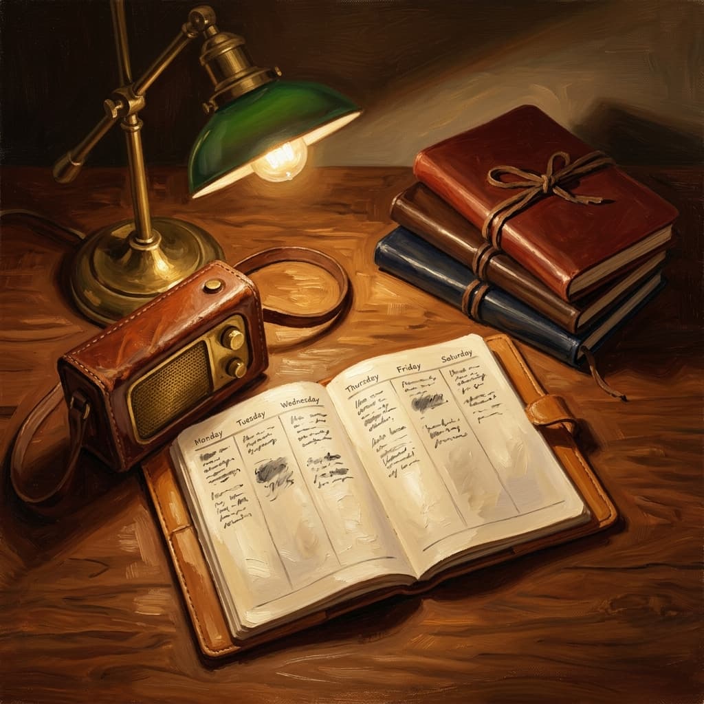 Painterly still-life of an open weekly planner showing six columns of abstract handwritten evening study blocks catching dramatic warm light, a stack of three small leather-bound notebooks beside it (history, theorists, frameworks), a brass desk lamp glowing warmly, a vintage leather-cased portable radio, a ceramic coffee mug, on a polished walnut wooden surface
