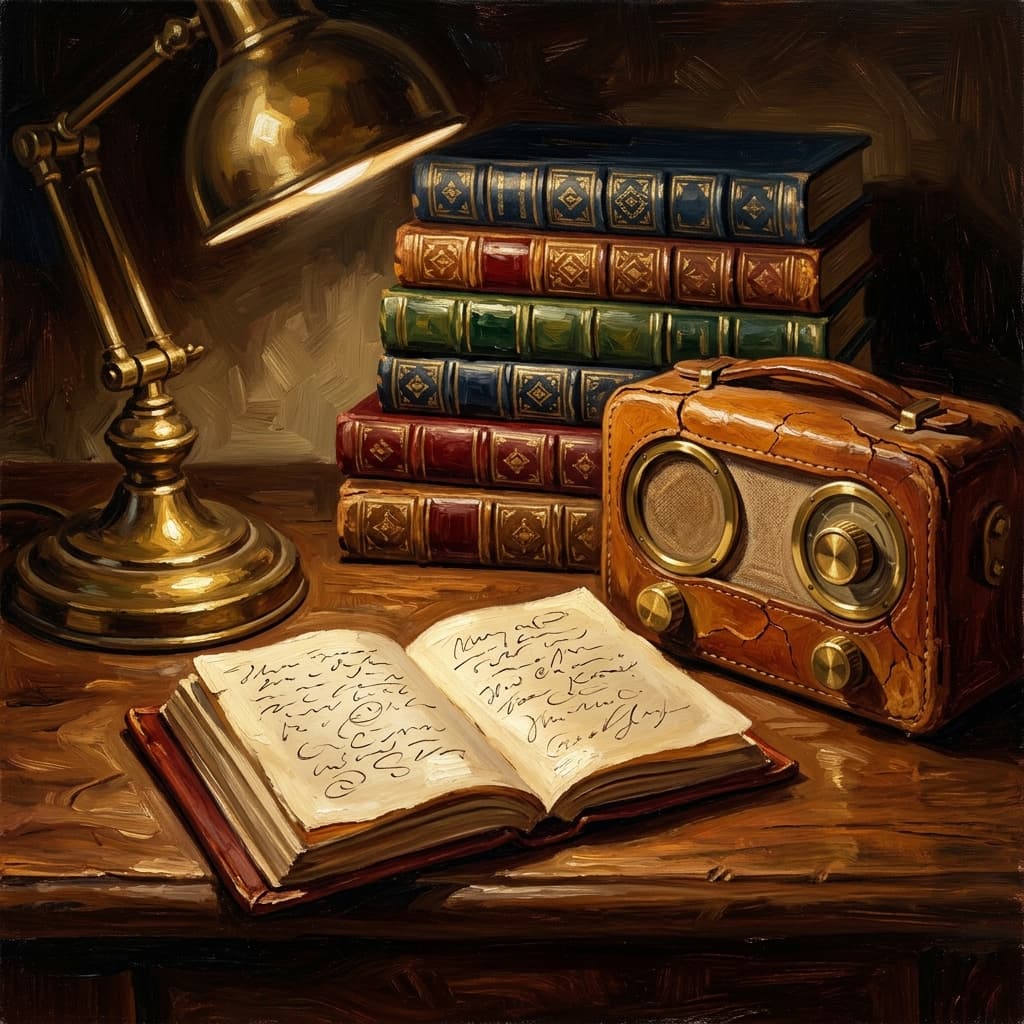 Painterly still-life of an open leather-bound history notebook with abstract handwritten resource notes catching dramatic warm light, a vintage leather-cased portable radio suggesting podcast audio, a stack of five leather-bound textbook volumes with abstract decorative spines suggesting the OpenStax library, a brass desk lamp glowing, a ceramic coffee mug, on a polished walnut wooden surface