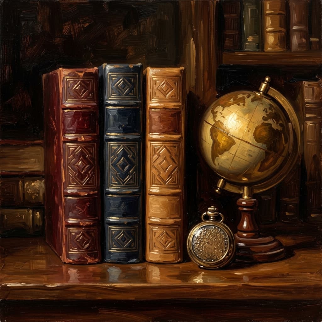 Painterly still-life of three leather-bound history volumes on a polished walnut wooden surface catching dramatic warm light, each with abstract embossed decorative geometric covers (one larger US-themed, one Western, one world), a brass globe on a small wooden stand beside them, a fanned set of three parchment cards with abstract handwritten era notes, a tarnished bronze pocket watch