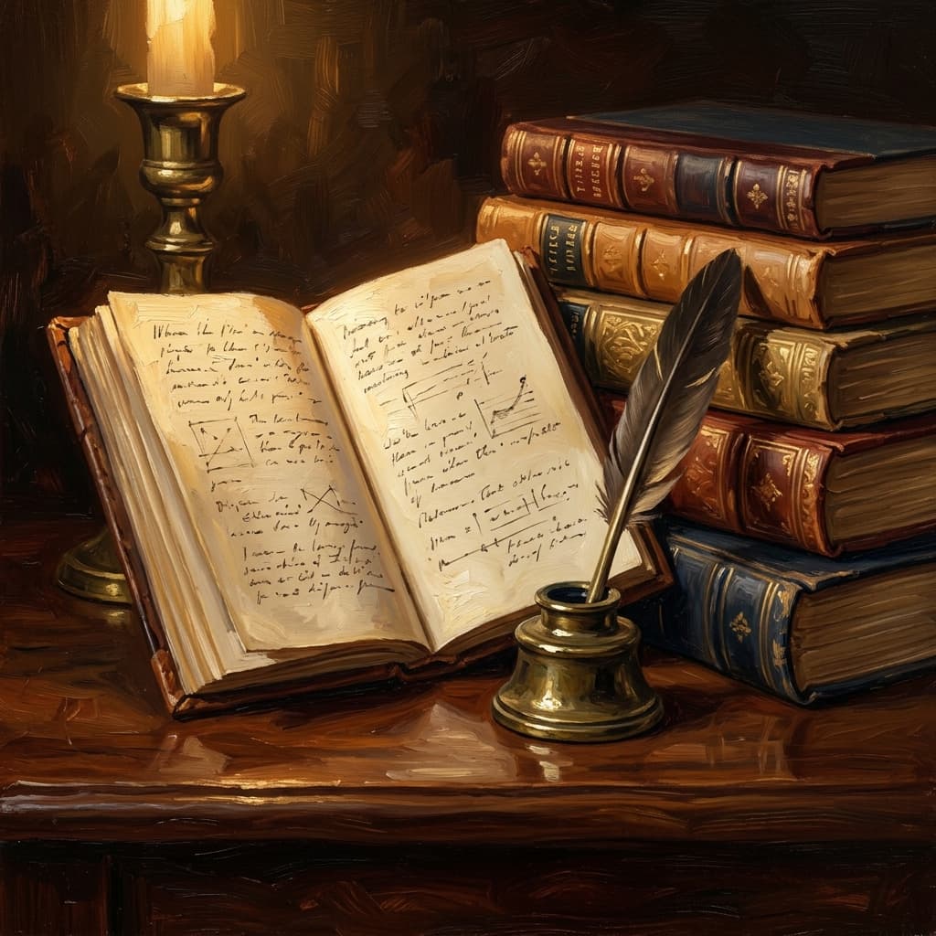 Painterly still-life of an open leather-bound notebook with abstract handwritten cross-discipline theorist notes catching dramatic warm light, a stack of four leather-bound volumes with abstract decorative spines suggesting sociology, psychology, anthropology, and political philosophy, a brass quill resting beside them, a tarnished bronze inkwell, a ceramic coffee mug, on a polished walnut wooden surface
