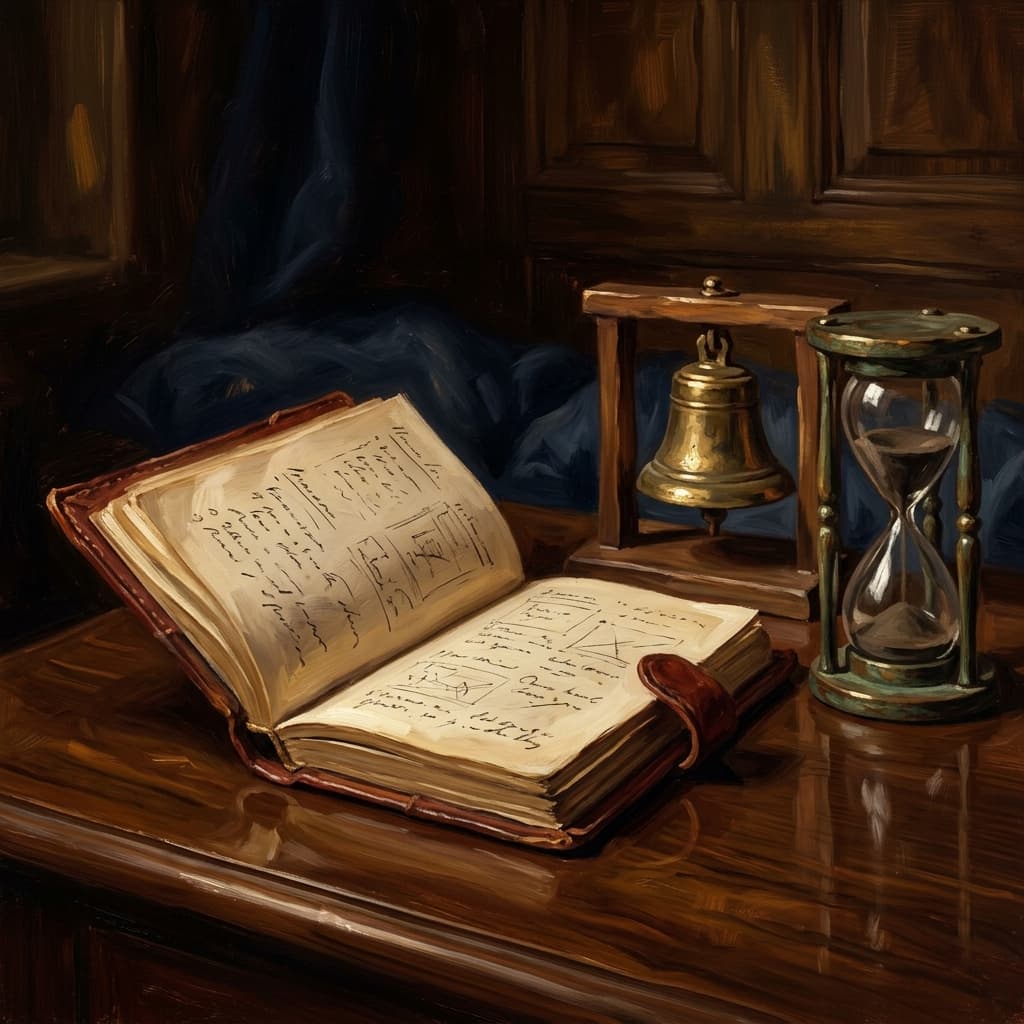 Painterly still-life of an open leather-bound psychology notebook with abstract handwritten framework notes catching dramatic warm light, a small brass bell on a wooden stand suggesting classical conditioning, a tarnished bronze hourglass, a stack of three leather-bound volumes with abstract decorative spines, on a polished walnut wooden surface