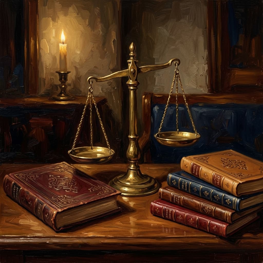 Painterly still-life of a single large leather-bound general-survey volume on a polished walnut wooden surface beside a fanned stack of four smaller leather-bound subject volumes catching dramatic warm light, all with abstract embossed decorative geometric covers, a brass balance scale resting between them weighing the two paths, a brass desk lamp glowing warmly