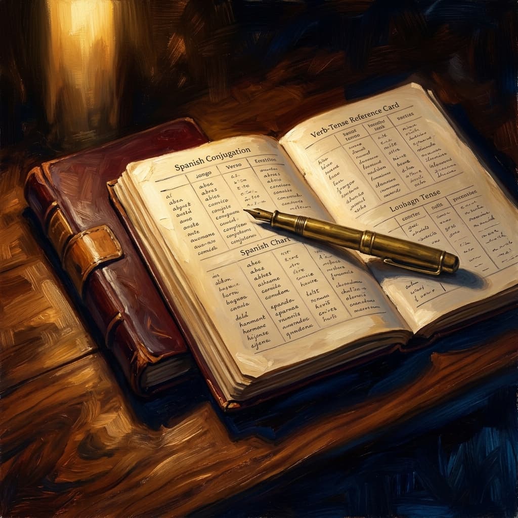Painterly still-life of a brass hourglass nearly half-emptied catching dramatic warm light, a leather-bound Spanish vocabulary journal open with abstract handwritten conjugation tables, a brass fountain pen, on a polished walnut wooden surface