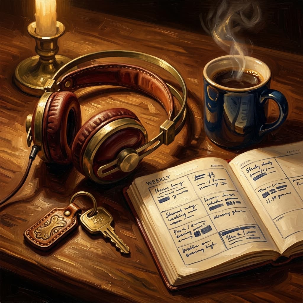 Painterly still-life of vintage leather headphones plugged into a brass radio catching dramatic warm light, an open weekly planner showing six columns of evening study blocks, a coffee mug, a leather-bound Spanish journal, on a polished walnut wooden surface