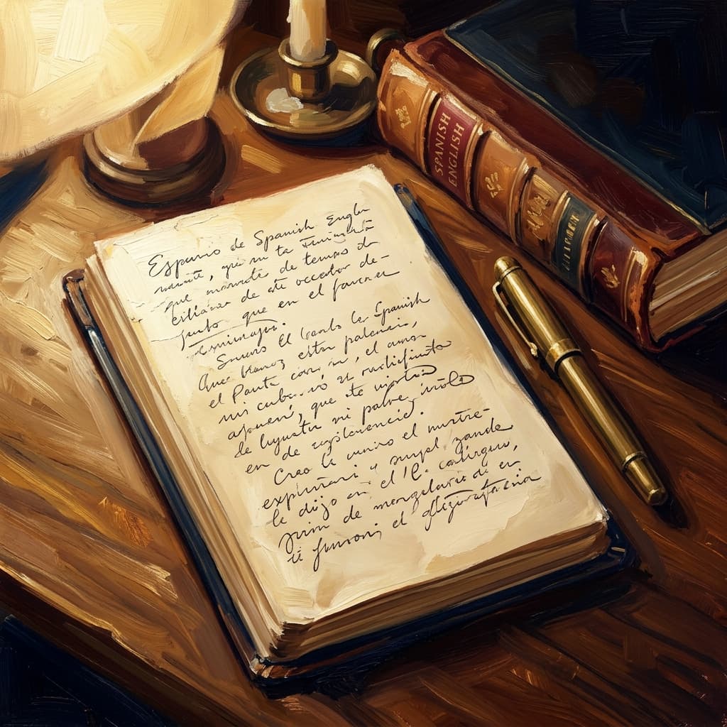 Painterly still-life of an open laptop showing a play icon over an abstract Spanish news interface catching dramatic warm light, a coffee mug, a leather-bound Spanish vocabulary notebook open with abstract handwritten conjugation lists, on a polished walnut wooden surface