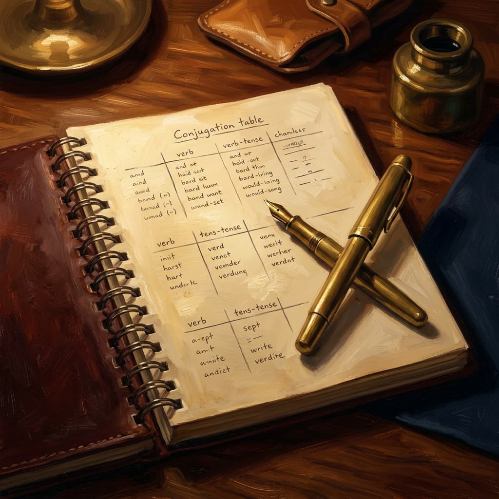 Painterly still-life of a folded leather-bound grammar reference card open showing abstract handwritten Spanish conjugation tables catching dramatic warm light, a brass fountain pen, and a small magnifying lens, on a polished walnut wooden surface
