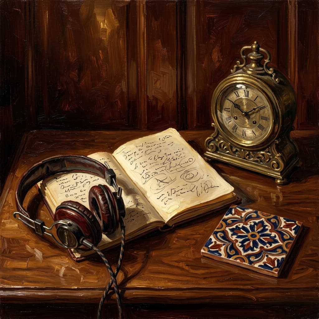 Painterly still-life of a pair of vintage leather over-ear headphones catching dramatic warm light, a leather-bound Spanish notebook open with abstract handwritten dictation notes, a brass desk clock, on a polished walnut wooden surface