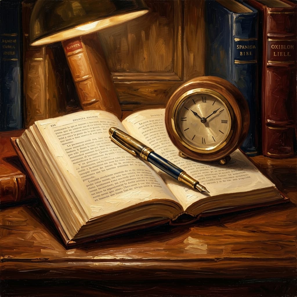 Painterly still-life of an open leather-bound Spanish-language book with abstract printed text catching dramatic warm light, a brass desk clock showing time pressure, a fountain pen and a small reading lens, on a polished walnut wooden surface