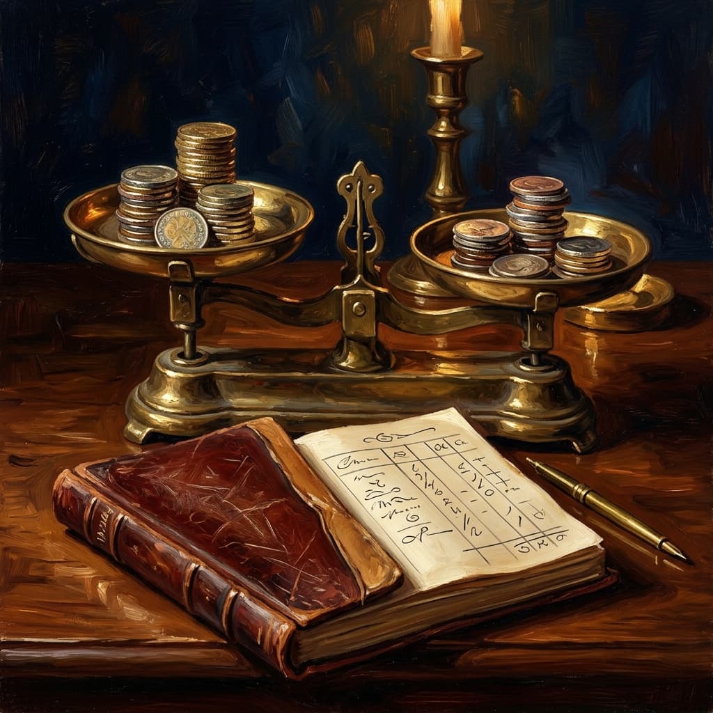 Painterly still-life of a leather-bound score-report ledger open with abstract handwritten score columns catching dramatic warm light, a brass dual-pan balance scale, two stacks of coins of different heights, on a polished walnut wooden surface