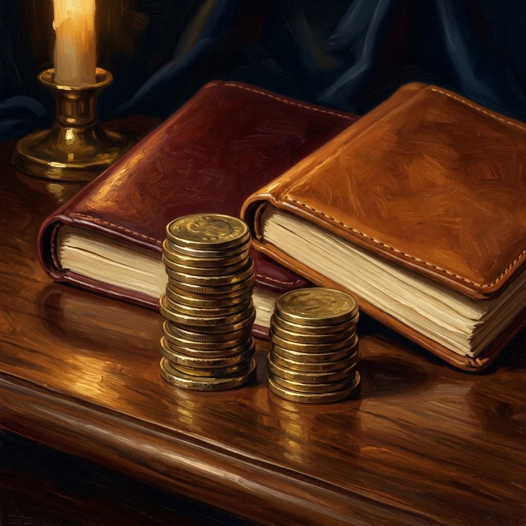 Painterly still-life of two leather-bound exam booklets side by side catching dramatic warm light, one with a brass cap pencil and one with a blank score certificate beside it, on a polished walnut wooden surface