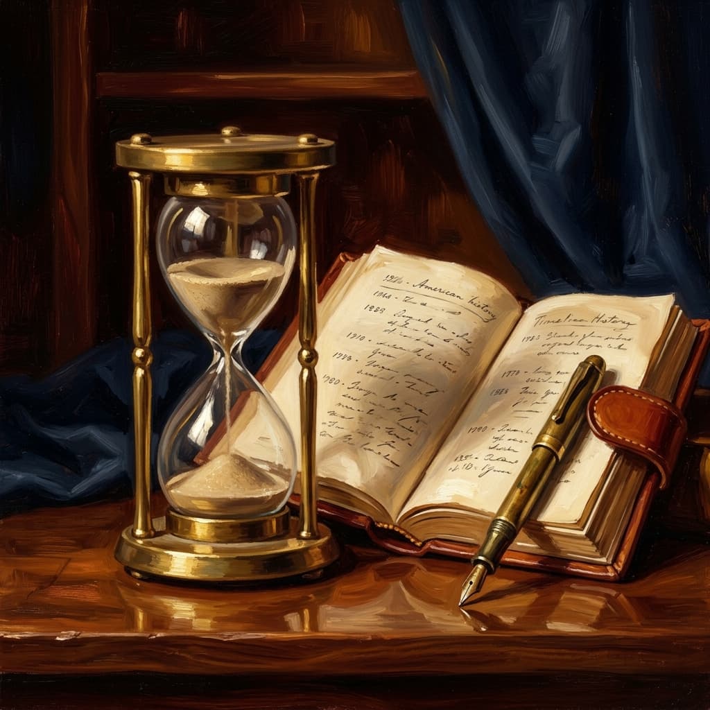 Painterly still-life of a brass hourglass nearly half-emptied catching dramatic warm light, a leather-bound American history journal open with abstract handwritten timeline notes beside it, a brass fountain pen, on a polished walnut wooden surface