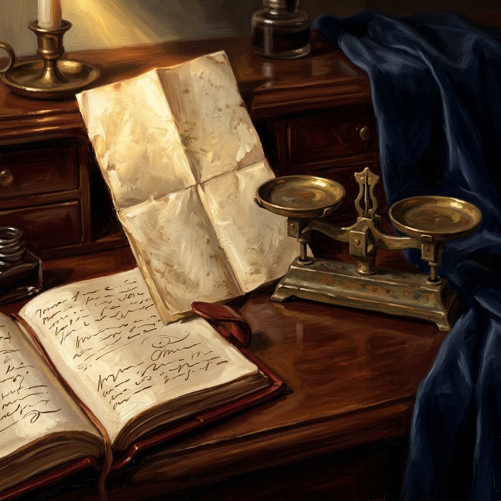 Painterly still-life of a folded vintage abolitionist-style pamphlet catching dramatic warm light, a brass scale of justice, a leather-bound history journal open with abstract handwritten antebellum political-crisis notes, on a polished walnut wooden surface