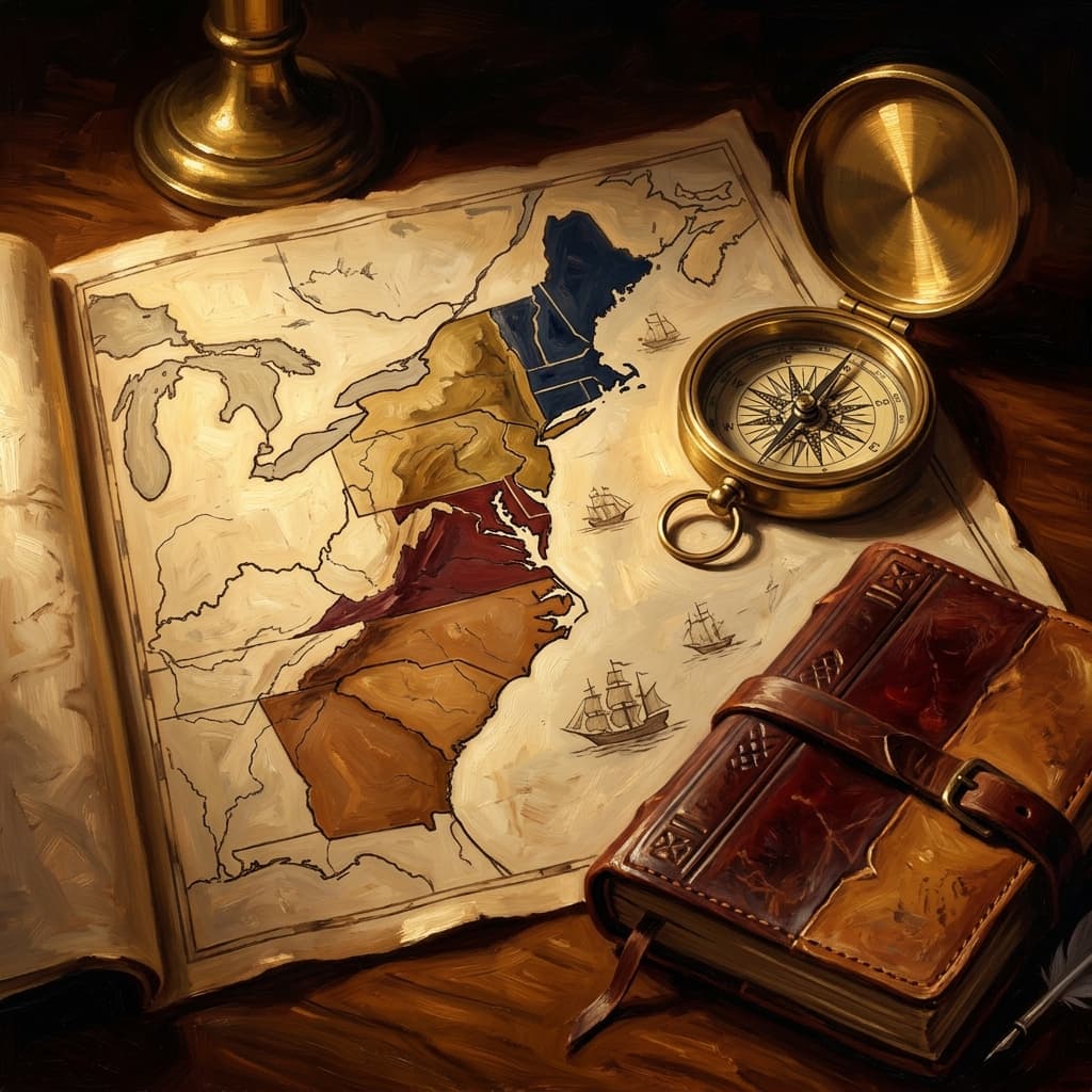 Painterly still-life of a hand-drawn colonial-era map of the eastern seaboard catching dramatic warm light, a leather-bound colonial history journal open with abstract handwritten Jamestown notes, a brass quill pen, on a polished walnut wooden surface