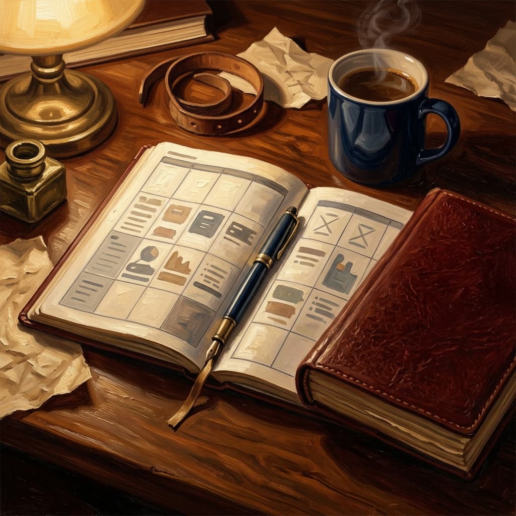 Painterly still-life of an open weekly planner showing four columns of evening study blocks catching dramatic warm light, a coffee mug with steam rising, a leather-bound CLEP study journal, on a polished walnut wooden surface