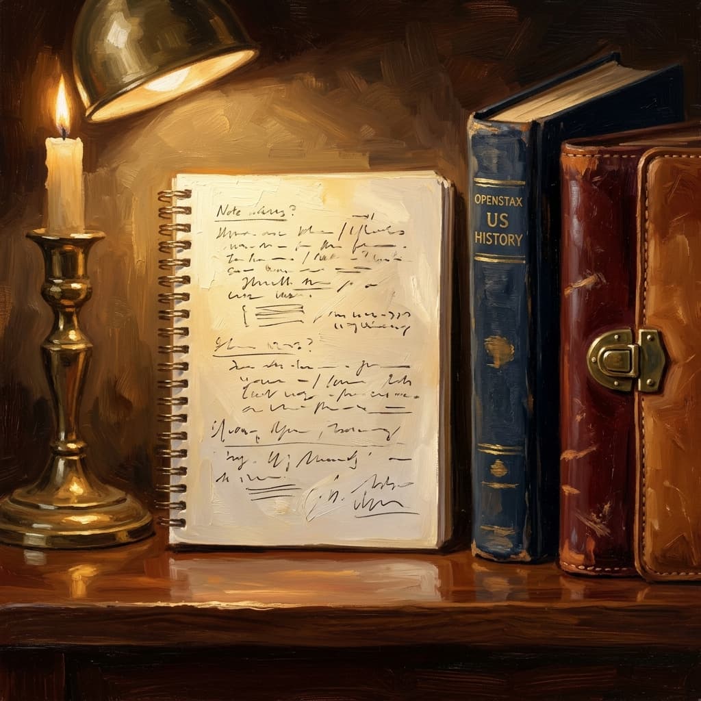 Painterly still-life of an open laptop showing a pause icon on a Khan Academy video, an OpenStax US History textbook open beside it, a leather-bound study journal with abstract handwritten notes, on a polished walnut wooden surface lit by warm dramatic light
