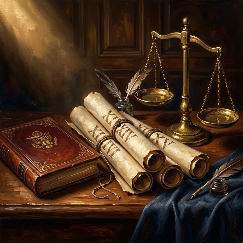 Painterly still-life centered on three rolled parchment scrolls labeled abstract Roman-numeral XIII XIV XV markings catching dramatic warm light, a brass scale of justice beside them, a leather-bound United-States-Constitution-style volume, on a polished walnut wooden surface
