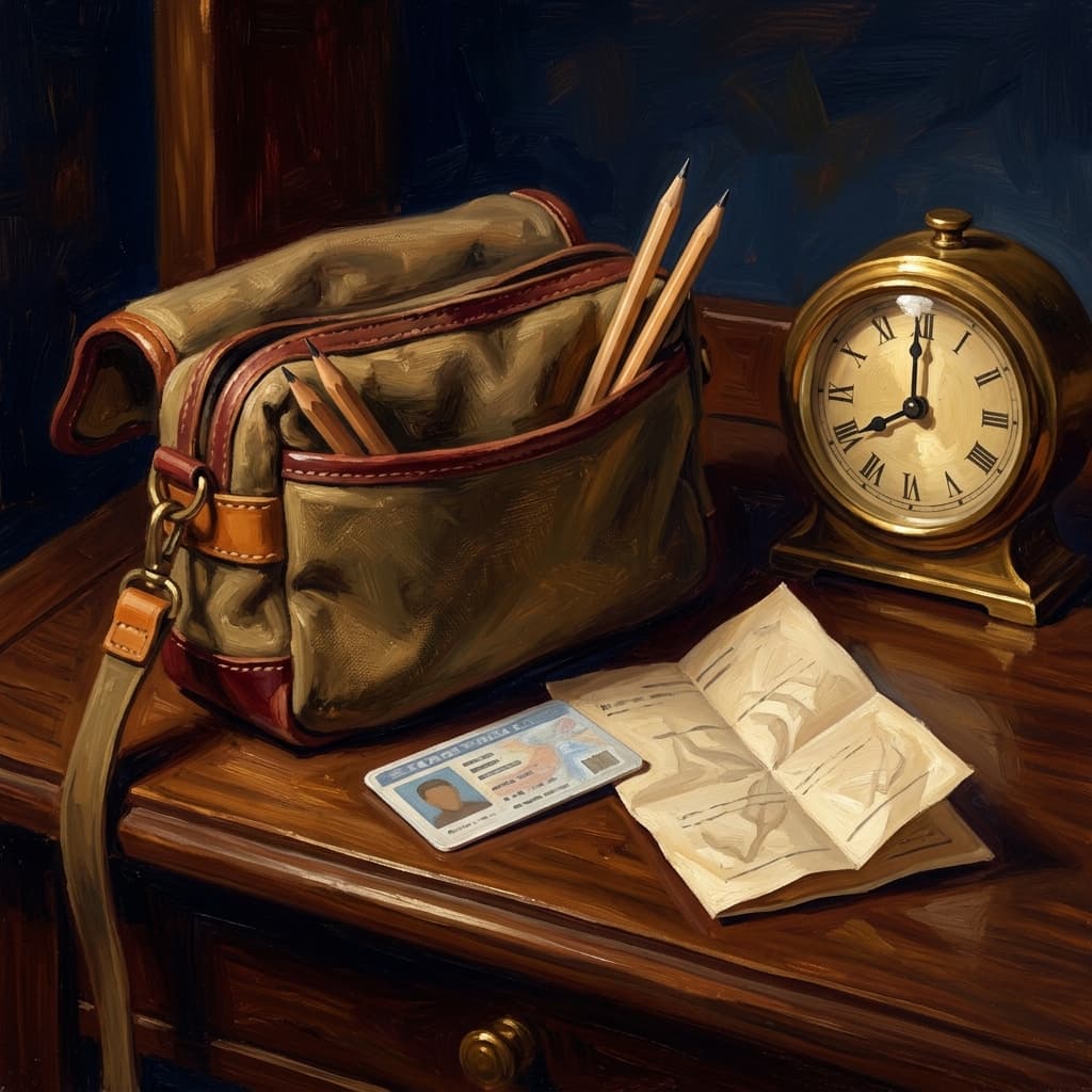 Painterly still-life of a leather-bound journal with a hand-drawn timeline catching dramatic warm light, two sharpened pencils, a government-issued ID, a brass desk clock showing 8:45, on a polished walnut wooden surface