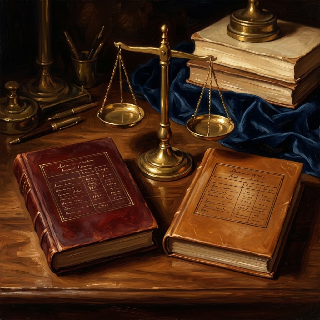 Painterly still-life of two leather-bound transcripts side by side, one labeled with abstract handwritten CLEP rows, the other with abstract AP rows, a brass scale of justice catching dramatic warm light between them, on a polished walnut wooden surface