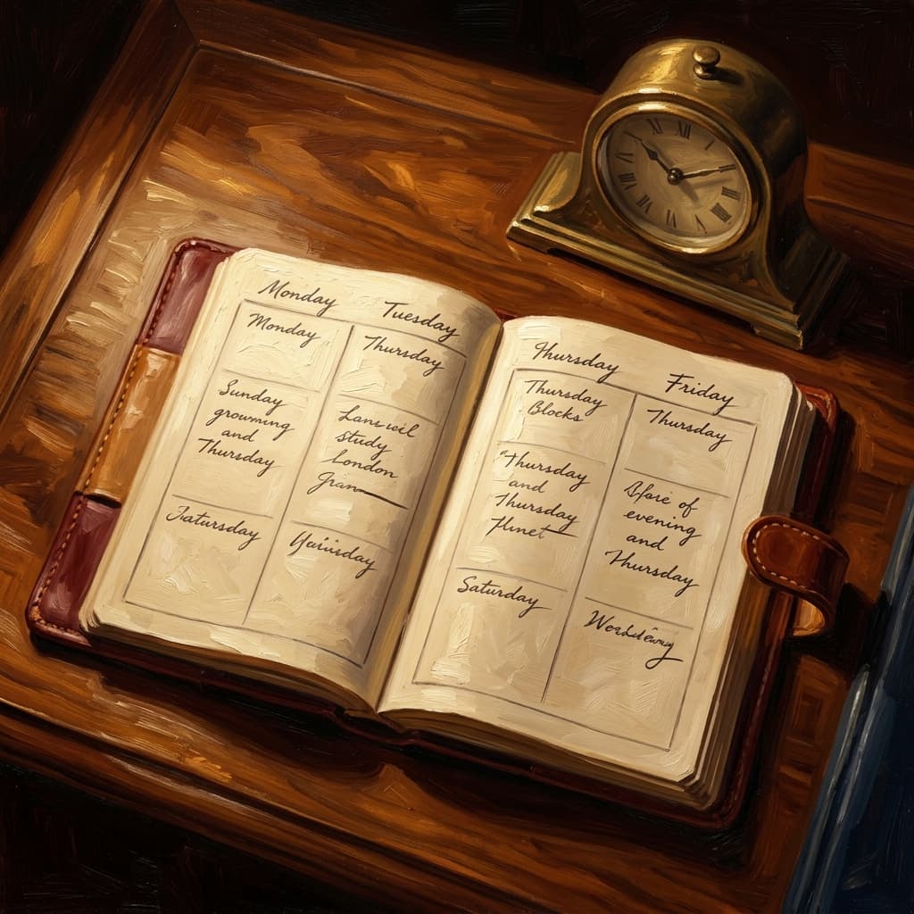 Painterly still-life of a brass hourglass nearly half-emptied catching dramatic warm light, a leather-bound 20th-century history journal open with abstract handwritten timeline notes spanning the New Deal through Cold War decades, a brass fountain pen, on a polished walnut wooden surface