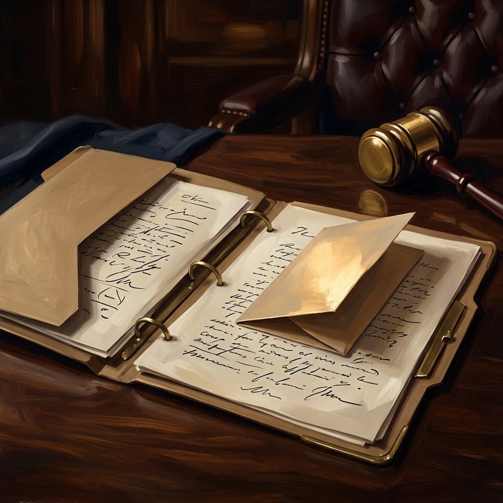 Painterly still-life of a folded vintage civil-rights-era voter-registration card catching dramatic warm light, a leather-bound legal volume open with abstract handwritten case notes, a brass scale of justice balanced on the page, on a polished walnut wooden surface