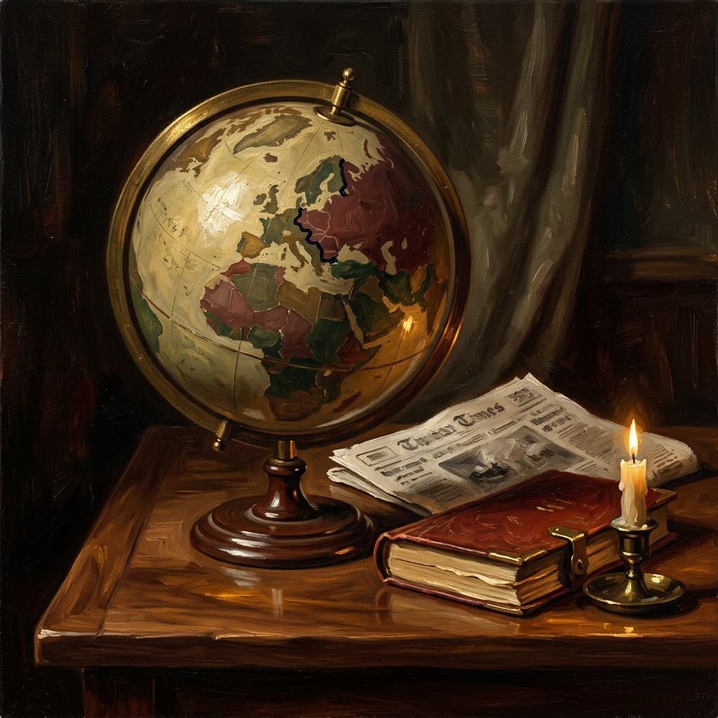 Painterly still-life of a folded vintage Cold-War-era newspaper with abstract front-page headlines catching dramatic warm light, a brass world globe slightly turned to show the Soviet Union and Eastern Europe, a leather-bound diplomatic-history journal open beside it, on a polished walnut wooden surface