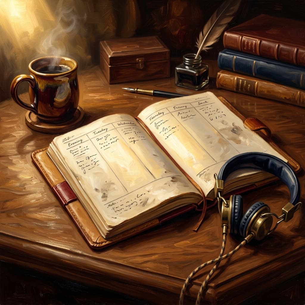 Painterly still-life of an open weekly planner showing six columns of evening study blocks catching dramatic warm light, vintage radio earphones, a coffee mug, a leather-bound mid-20th-century photograph album open beside it, on a polished walnut wooden surface