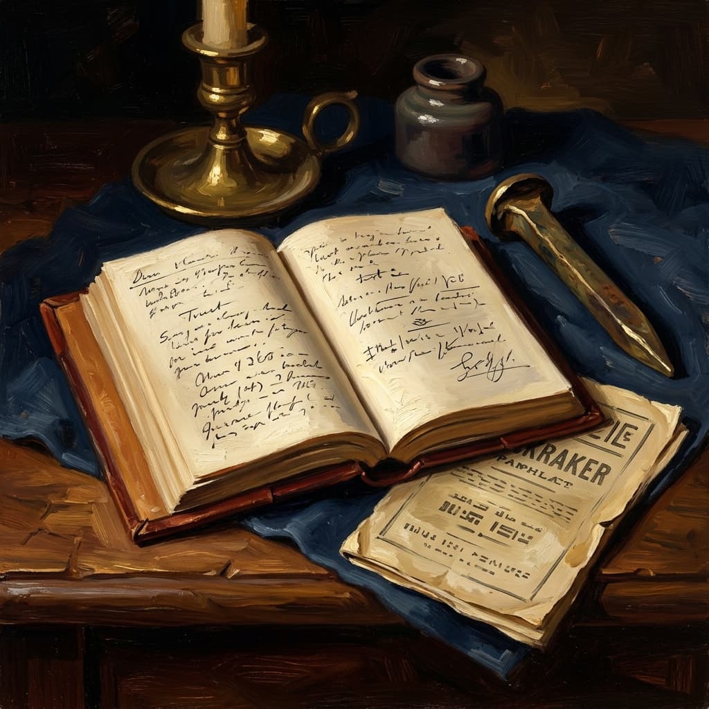 Painterly still-life of a folded vintage muckraker-style newspaper catching dramatic warm light, a leather-bound late-19th-century industrial ledger open with abstract handwritten labor-and-trust notes, a brass railroad spike resting beside it, on a polished walnut wooden surface