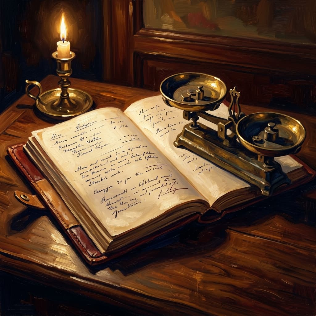Painterly still-life of a folded vintage WPA-style poster catching dramatic warm light, a leather-bound 1930s ledger open with abstract handwritten New Deal program notes, a brass scale of justice tilted toward the heavy side, on a polished walnut wooden surface