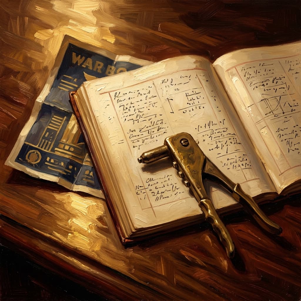 Painterly still-life of a folded vintage WWII war-bonds poster catching dramatic warm light, a leather-bound 1940s ledger open with abstract handwritten mobilization notes, a brass riveter on a piece of scrap aluminum, on a polished walnut wooden surface
