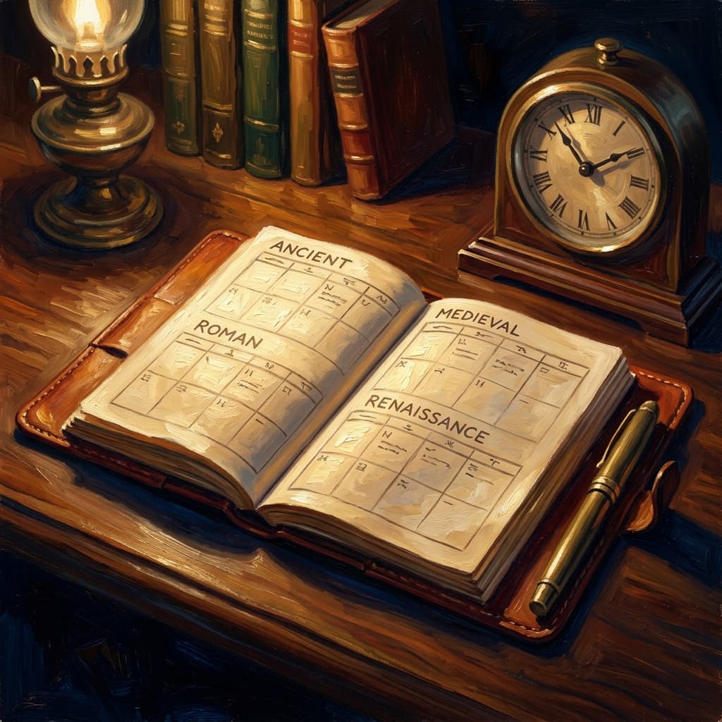 Painterly still-life of a brass hourglass nearly half-emptied catching dramatic warm light, a leather-bound Western Civilization journal open with abstract handwritten era-by-era timeline notes spanning antiquity through 1648, a brass fountain pen, on a polished walnut wooden surface