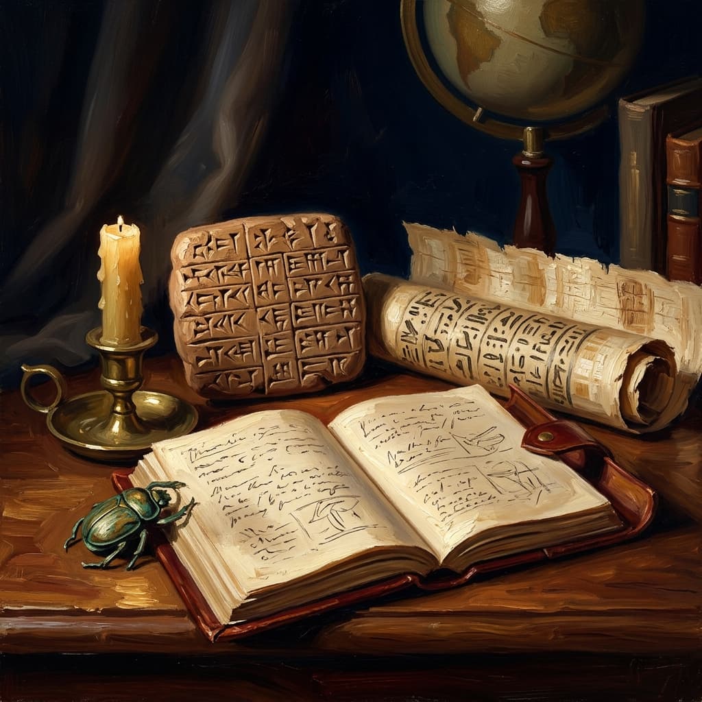Painterly still-life of a clay cuneiform tablet and an Egyptian papyrus scroll catching dramatic warm light, a brass scarab beetle resting beside them, a leather-bound classics journal open with abstract handwritten Greek-and-Persian notes, on a polished walnut wooden surface