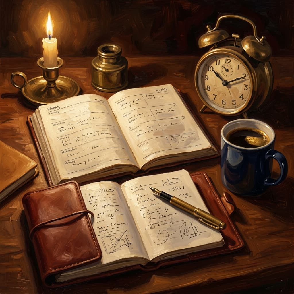 Painterly still-life of an open weekly planner showing six columns of evening study blocks catching dramatic warm light, a stack of era-tabbed leather-bound history notebooks beside it, a brass desk lamp glowing, a coffee mug, on a polished walnut wooden surface