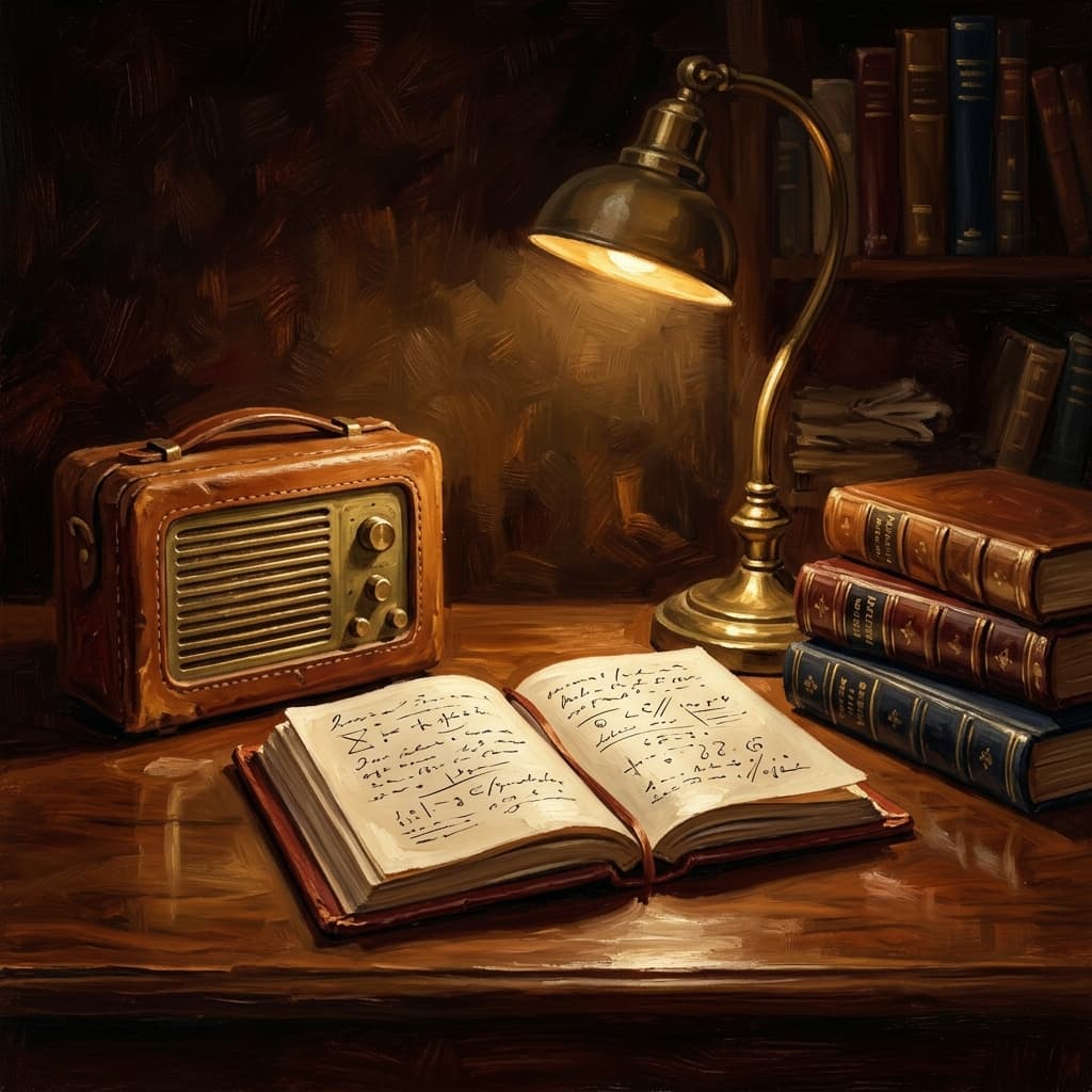 Painterly still-life of an open leather-bound history notebook with abstract handwritten era-by-era resource notes catching dramatic warm light, a brass desk lamp glowing beside it, a vintage leather-cased portable radio nearby suggesting podcast audio, a coffee mug, on a polished walnut wooden surface