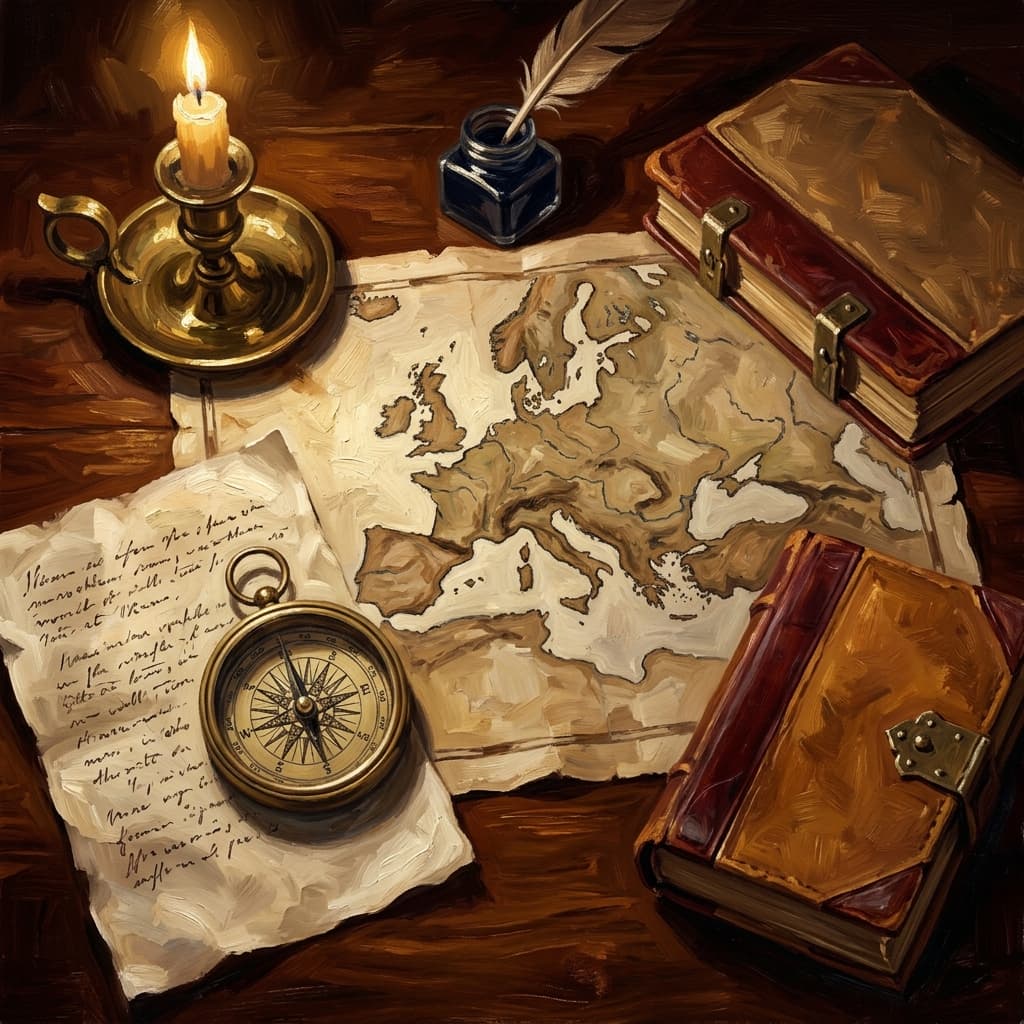 Painterly still-life of an illuminated medieval manuscript catching dramatic warm light, a leather-bound Western Civilization journal open with abstract handwritten Carolingian-and-Crusades notes, a brass quill resting beside it, on a polished walnut wooden surface