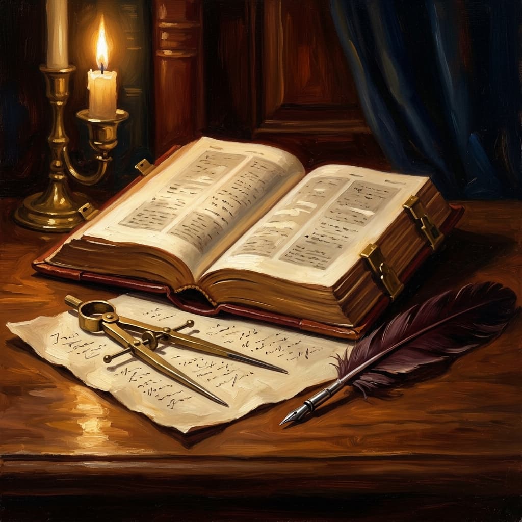 Painterly still-life of a leather-bound illuminated Reformation-era bible open to abstract printed pages catching dramatic warm light, a brass dividers compass resting on a parchment with abstract handwritten 95-theses-style notes, a quill beside them, on a polished walnut wooden surface