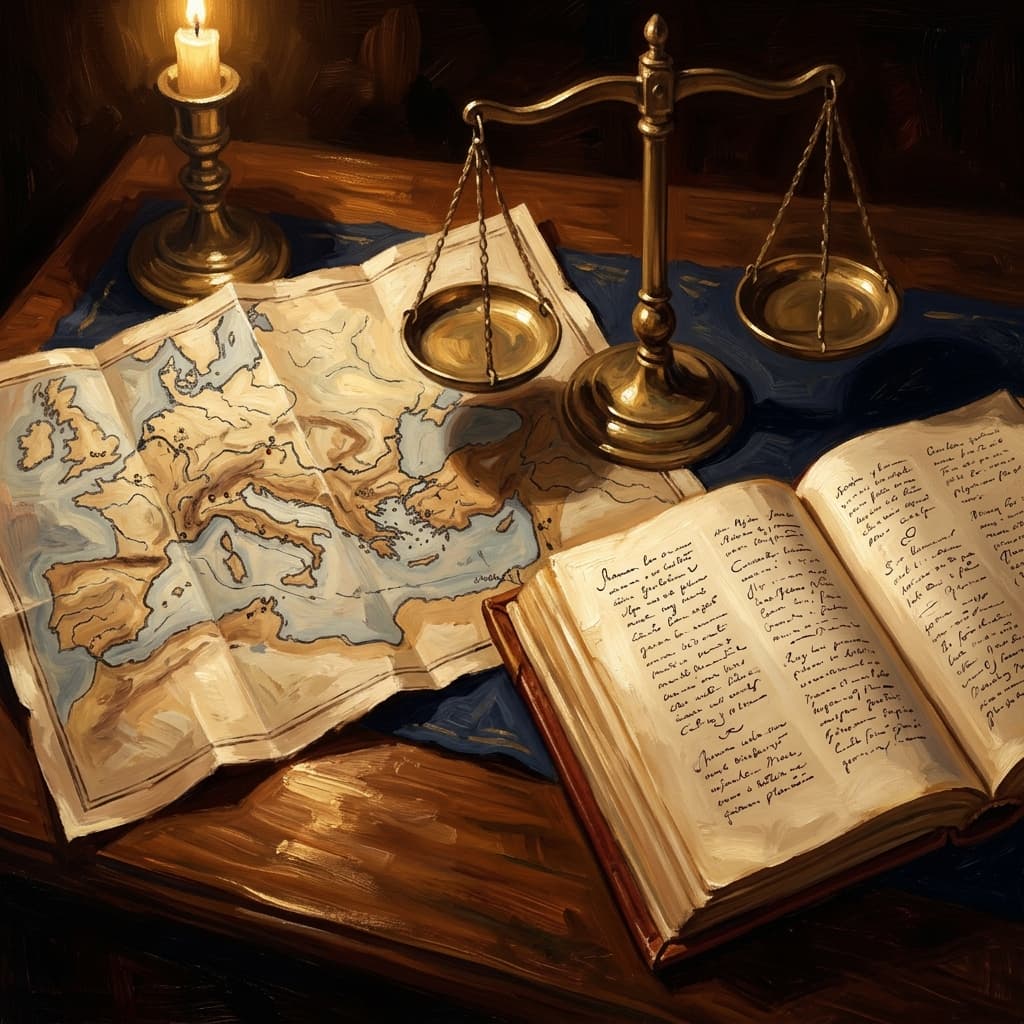 Painterly still-life of a brass-and-marble miniature column catching dramatic warm light, a folded Roman map with abstract Mediterranean coastlines, a leather-bound Western Civilization journal open with abstract handwritten Republic-Empire transition notes, on a polished walnut wooden surface
