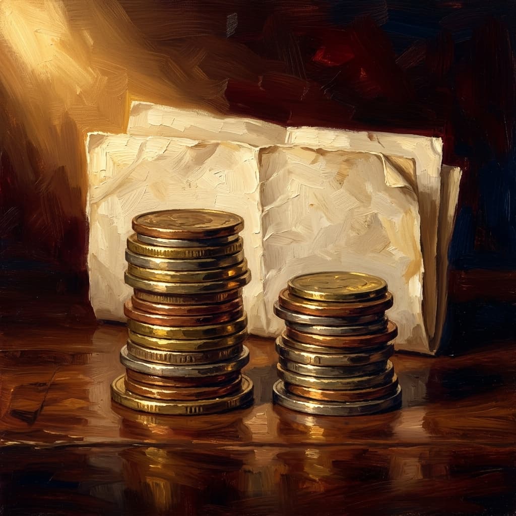 Painterly still-life of two leather-bound exam booklets side by side catching dramatic warm light, one with a brass quill on it and one with a folded score certificate beside it, on a polished walnut wooden surface