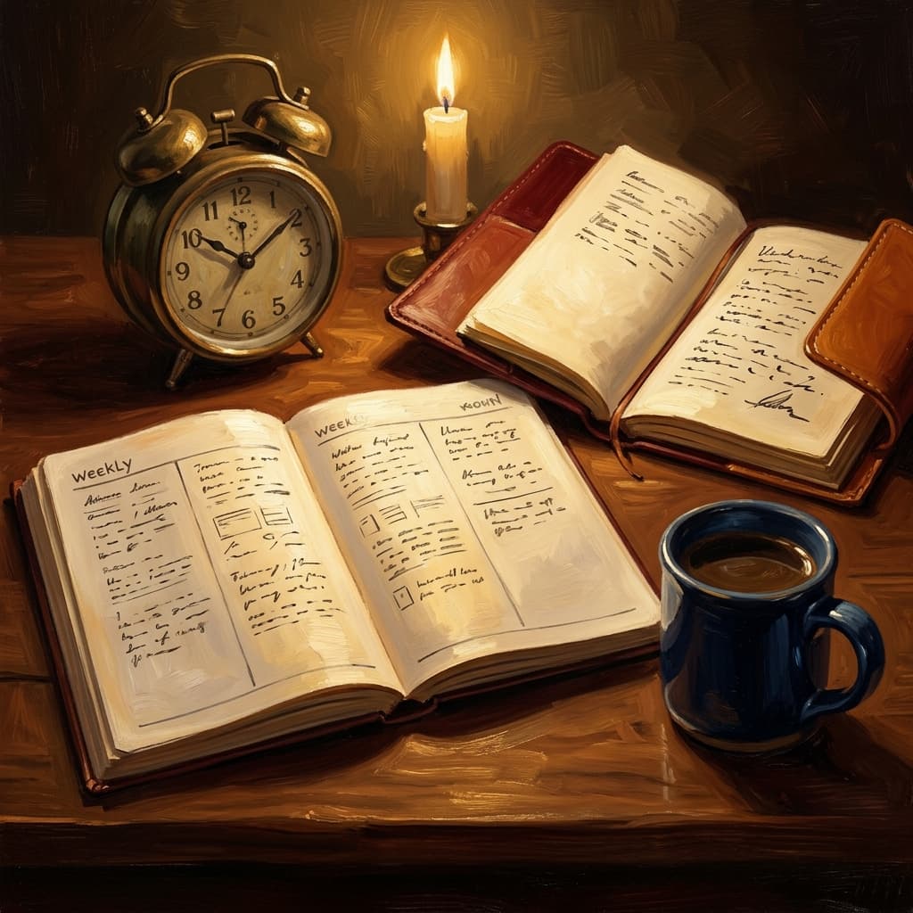 Painterly still-life of a four-column weekly study planner laid open showing abstract handwritten weekly study blocks catching dramatic warm light, a stack of three era-tabbed leather-bound history notebooks (19th century, 20th century, French Revolution) beside it, a brass desk lamp glowing, a coffee mug, on a polished walnut wooden surface