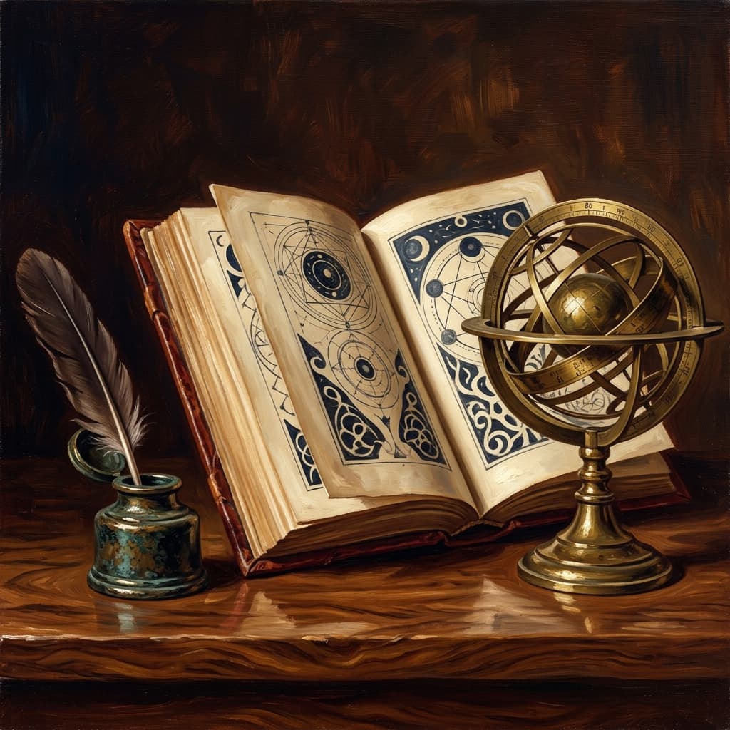 Painterly still-life of a leather-bound Enlightenment-era folio open showing abstract printed pages catching dramatic warm light, a brass armillary sphere resting on top symbolizing the Scientific Revolution, a tarnished bronze inkwell with feather quill, a parchment with abstract handwritten notes, an open antique compass, on a polished walnut wooden surface
